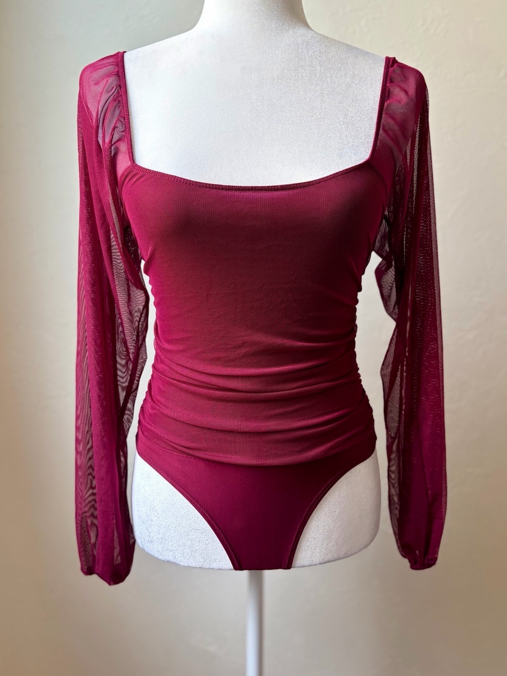 Windsor Burgundy Sheer Mesh Sleeve Ruched Bodysuit Medium